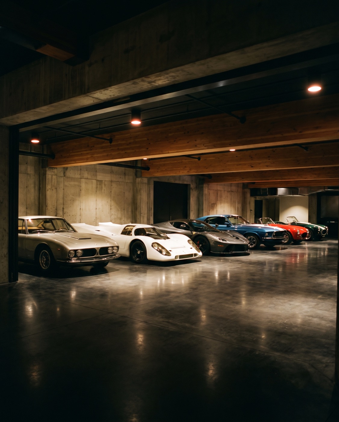 Private Sammlungsgarage bei Nacht, klassische und moderne Sportwagen unter einzelnen Downlights